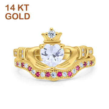 14K Yellow Gold Claddagh Accent Heart Wedding Bridal Set Piece Ruby Simulated Cubic Zirconia Wedding Ring